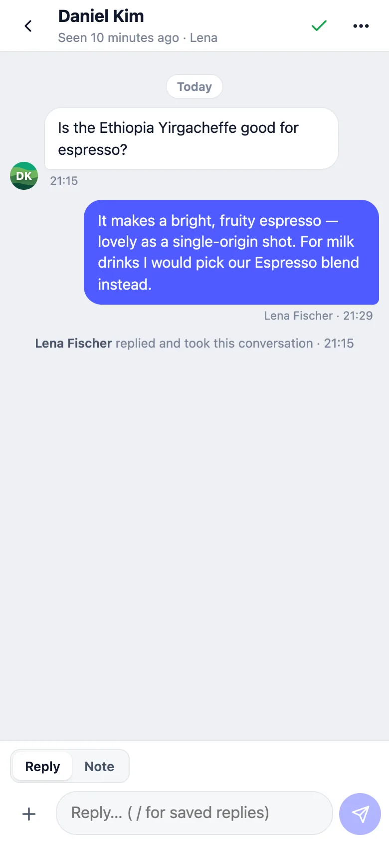 A conversation in the TalkingDot app: a customer asks about espresso and a teammate replies