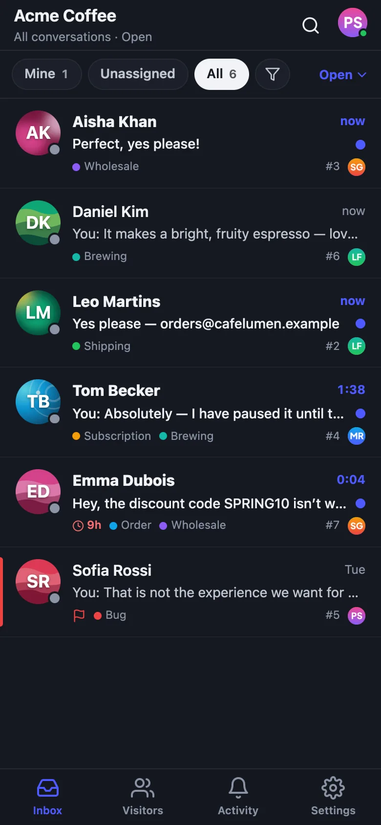 The TalkingDot app inbox in dark mode, with conversations from six customers