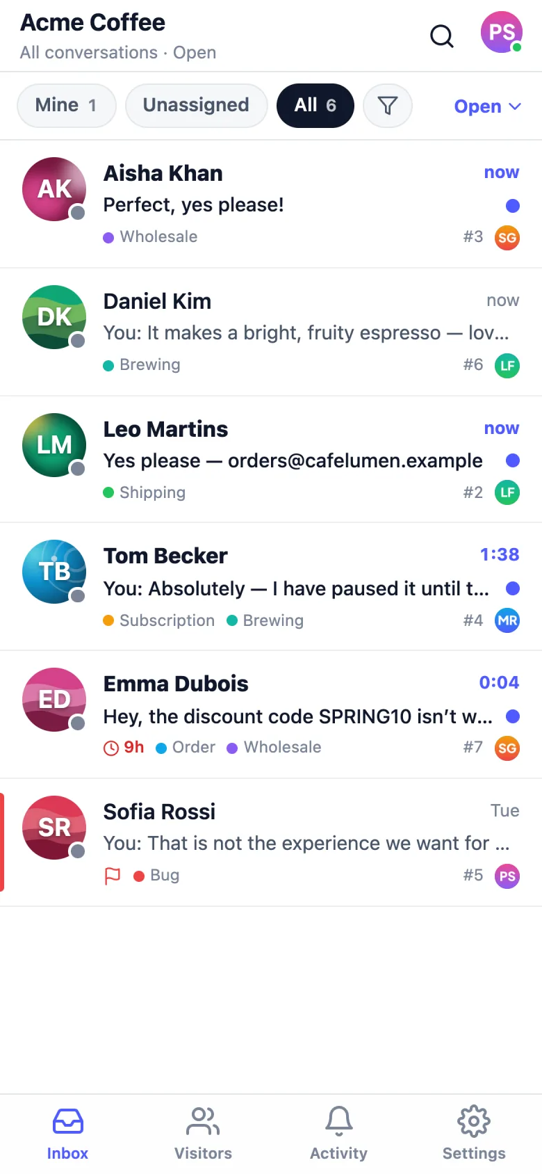 The inbox with conversation labels, waiting times and who each chat is assigned to